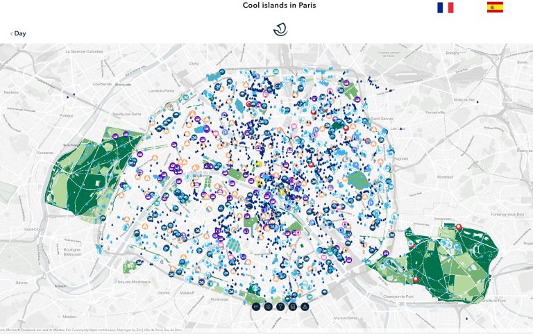 I Paris har kommunen laget et interaktivt kart, hvor folk kan finne parker, museer, skygger og drikkestasjoner. Faksimile: La carte des 1400 lieux de fraîcheur à Paris