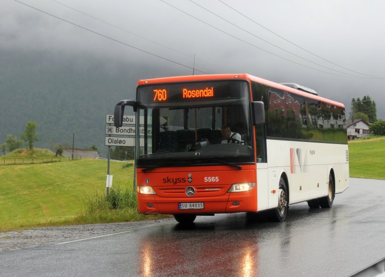Sundal, Norway - June 18, 2018: Skyss bus at the Sunndal bus stop. Skyss is the public authority that is responsible for public transport in Hordaland, covering bus, light rail, boat and ferry.