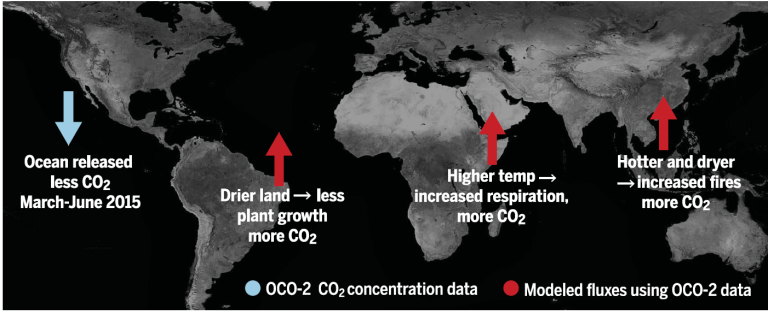 Figur som viser effekten av El Niño på utveksling av karbon mellom atmosfære og vegetasjon i 2015.
