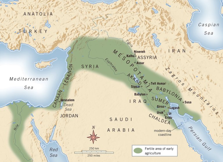 Kart som viser den fruktbare halvmånen rundt mesopotamia.